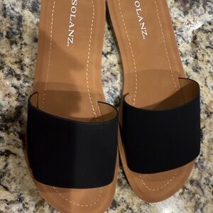 Black and Tan Slide Sandals with Wide Strap
